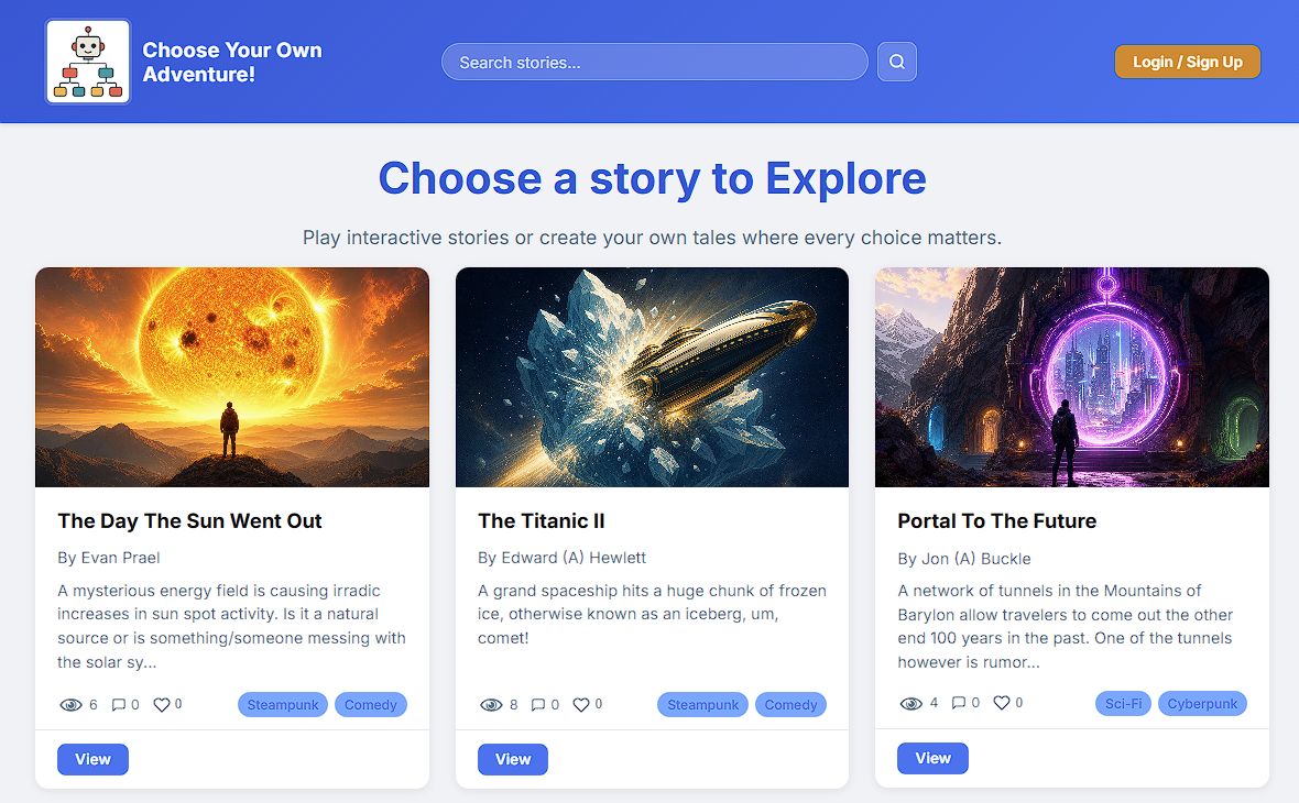 The CYOA Maker story gallery, full of published stories